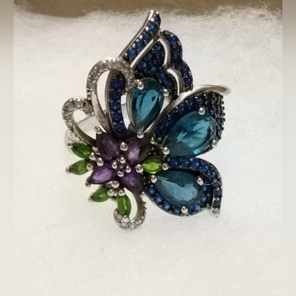 Elegant Sterling Silver Blue and Purple Butterfly Ring Size 9.5